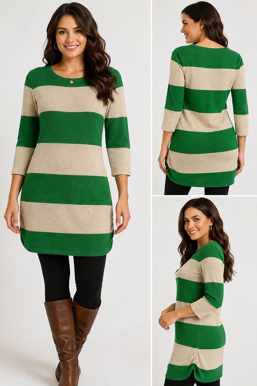 Pink Rose Green Cream Striped Sweater Tunic Top 3/4 Sleeve Knit Size Small